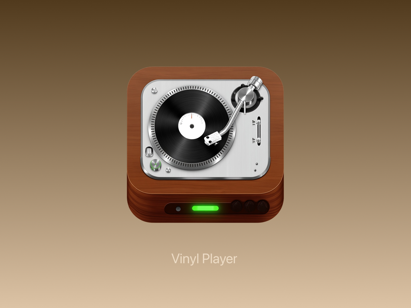Vinyl Player - Skeuomorphic app icon with wood grain and metal turntable