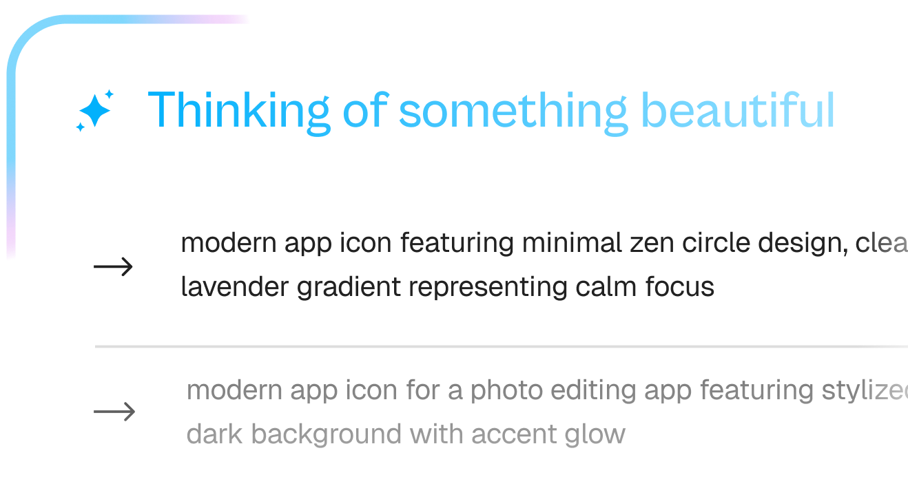 Example of AI-generated app icon design suggestions based on user's app description.